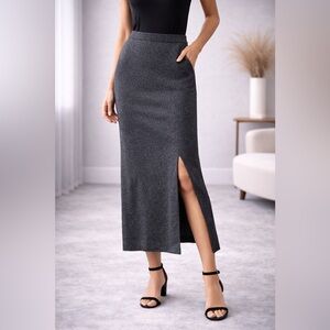 Open Edit Shimmer Knit Midi Skirt with Side Slit